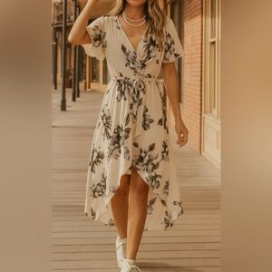 TUA Women's White Floral High Low V-neck Tie Waist Maxi Dress sz S Beachy Whimsi